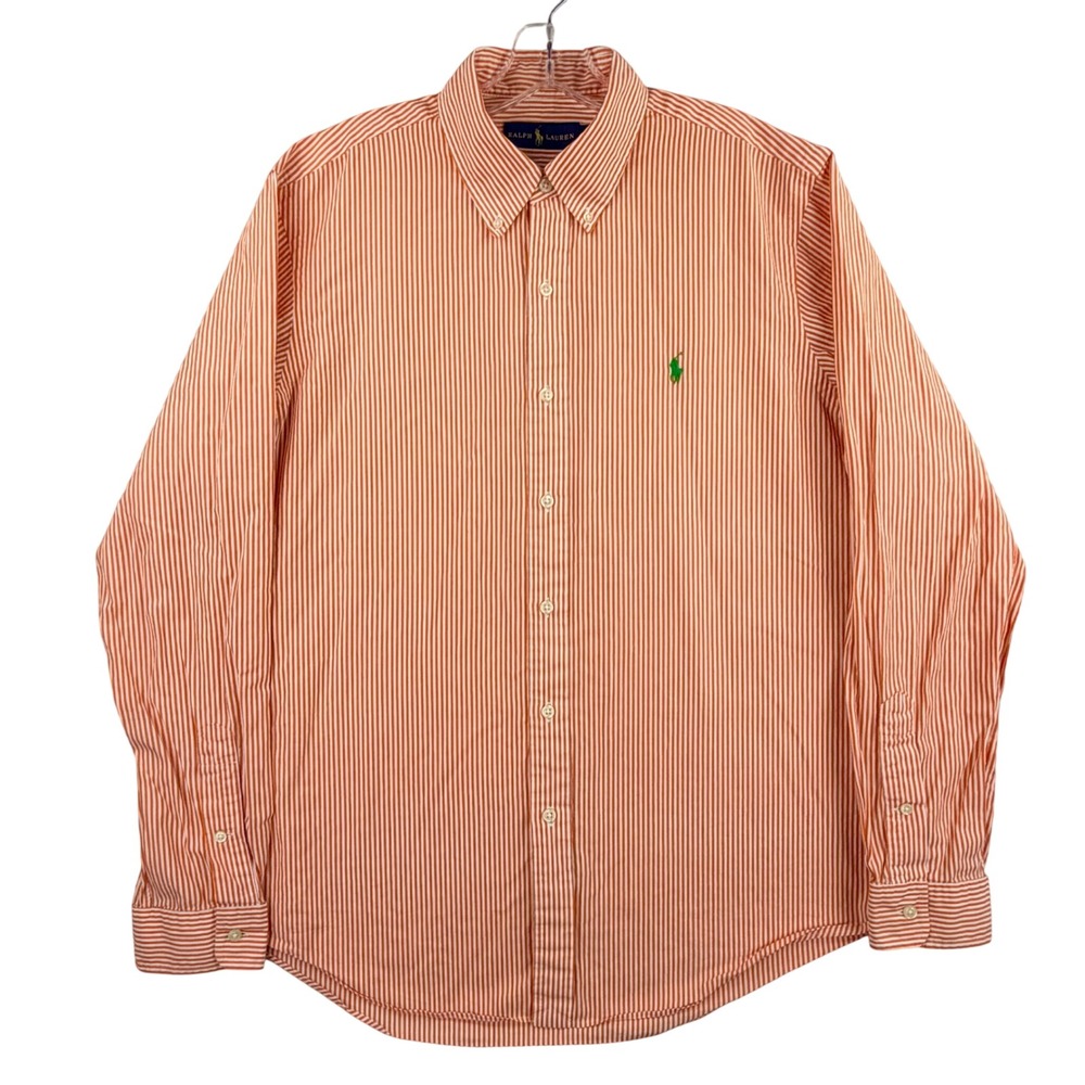 Ralph Lauren Button Down Shirt Men Large White Orange Striped Cotton Long Sleeve - Picture 2 of 12